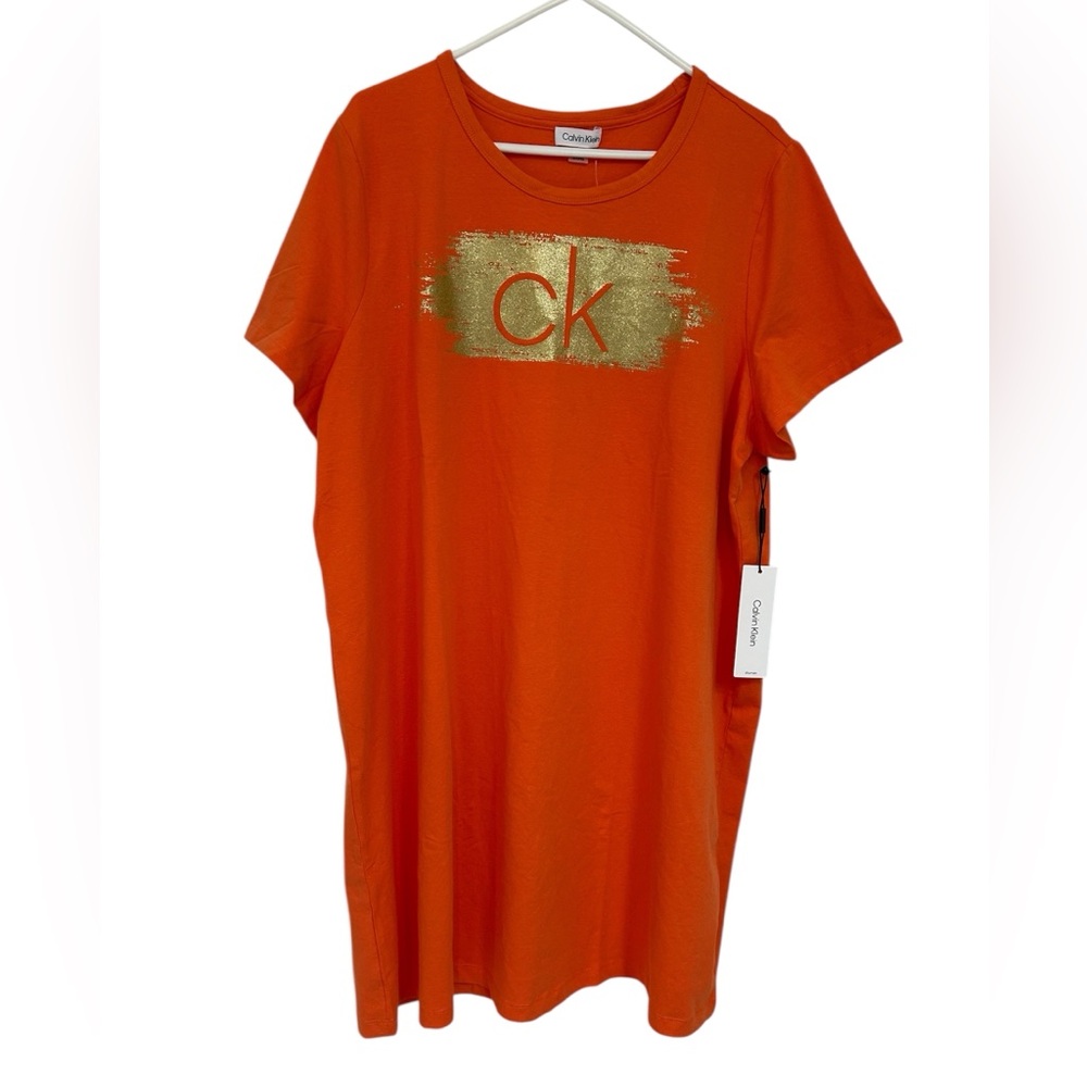 NWT • Calvin Klein Vibrant Orange Dress with Metallic Gold CK